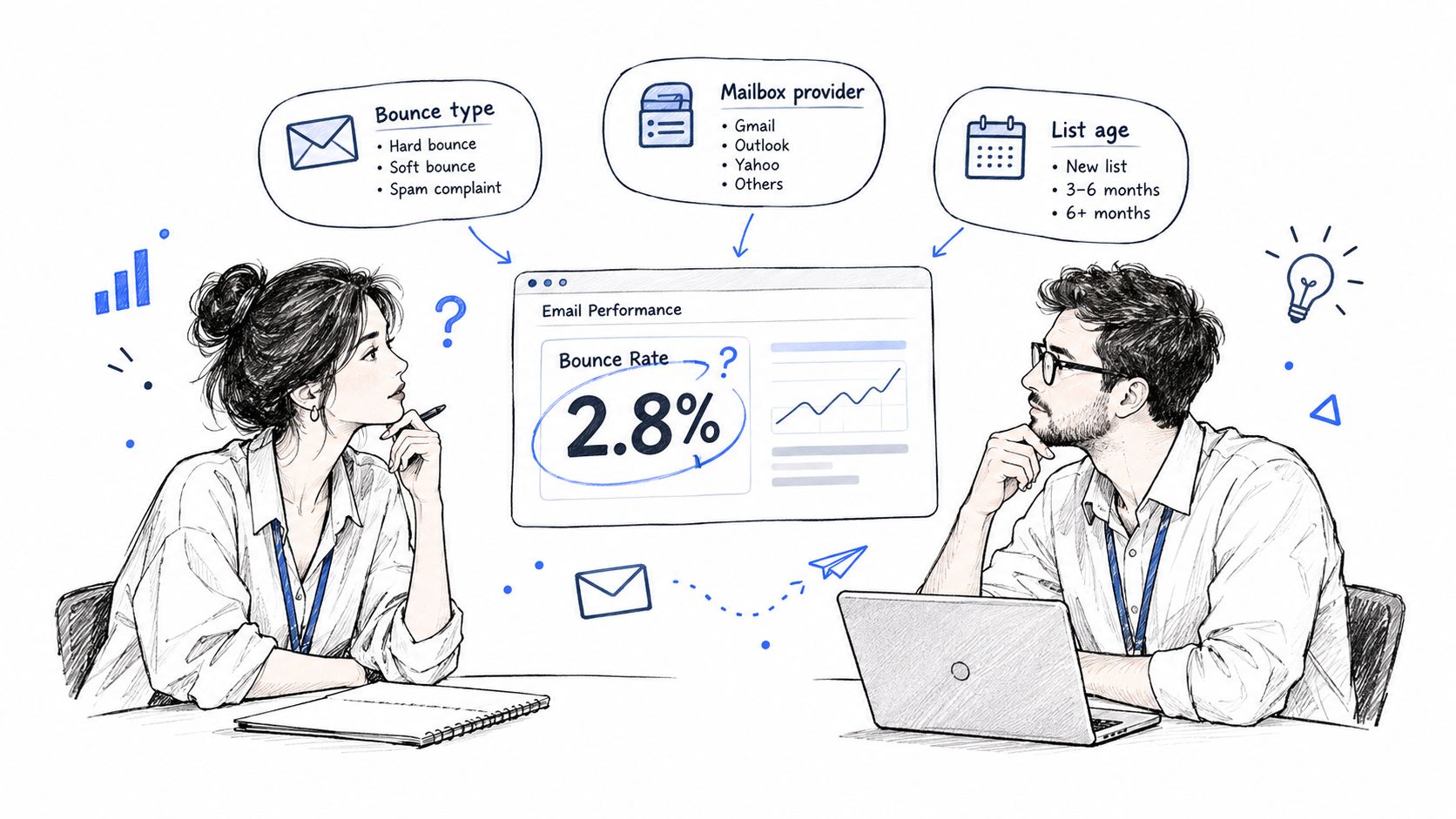 A man and a woman discussing email marketing bounce rates with illustrative data charts and icons.