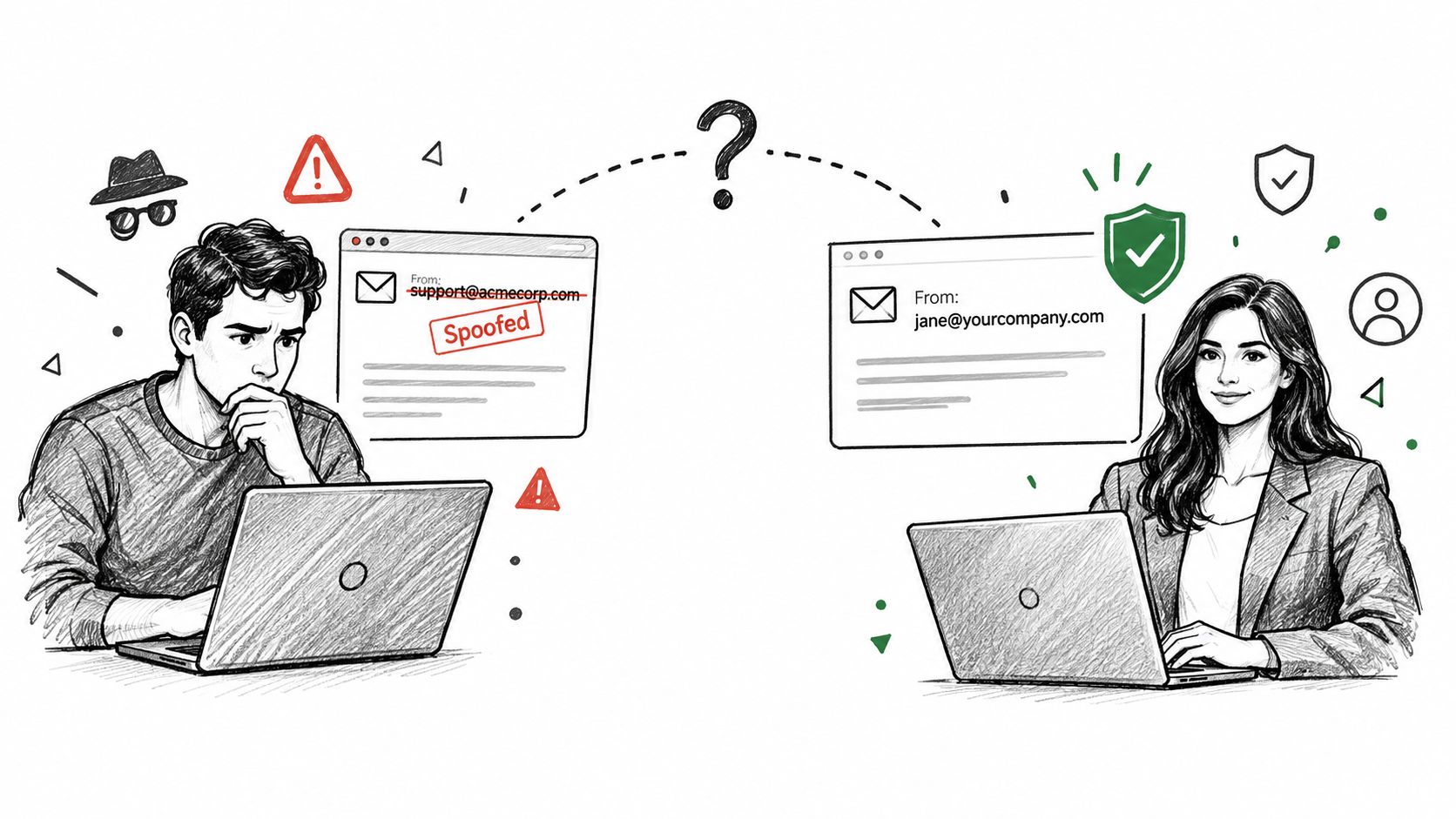 A pencil sketch illustrating the difference between a spoofed email and a verified secure business email.