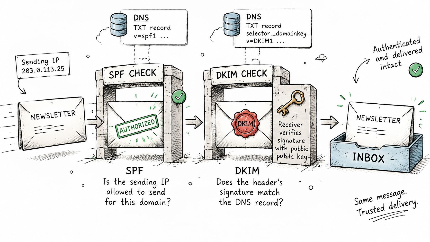 A diagram illustrating email authentication protocols, showing SPF and DKIM checks ensuring secure newsletter delivery to an inbox.