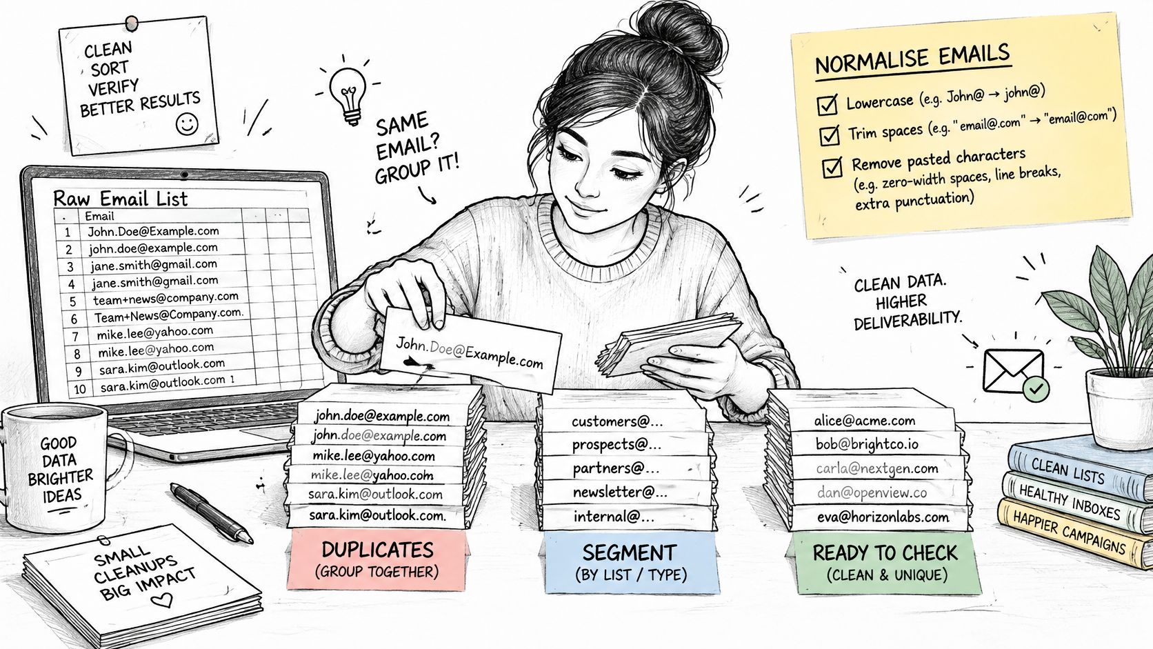 An illustration of a woman organizing and cleaning email data lists for better marketing deliverability and results.