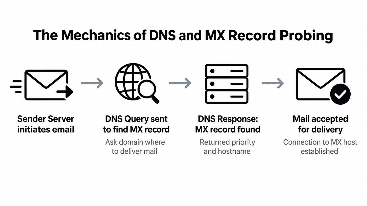 A diagram illustrating the four steps of DNS and MX record probing for email delivery processes.