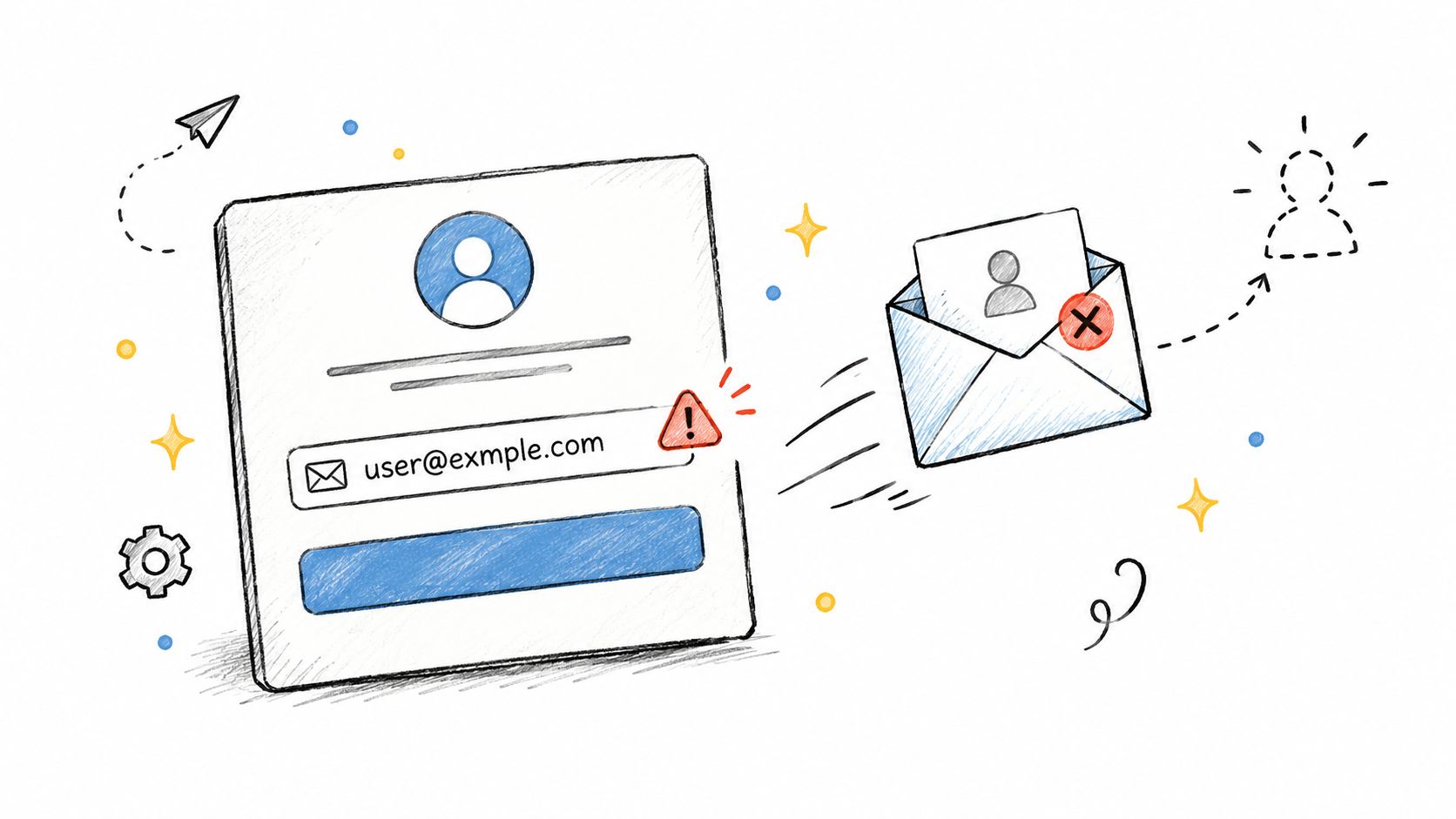 A hand-drawn illustration showing an email address input field with a warning icon, indicating an invalid email address.