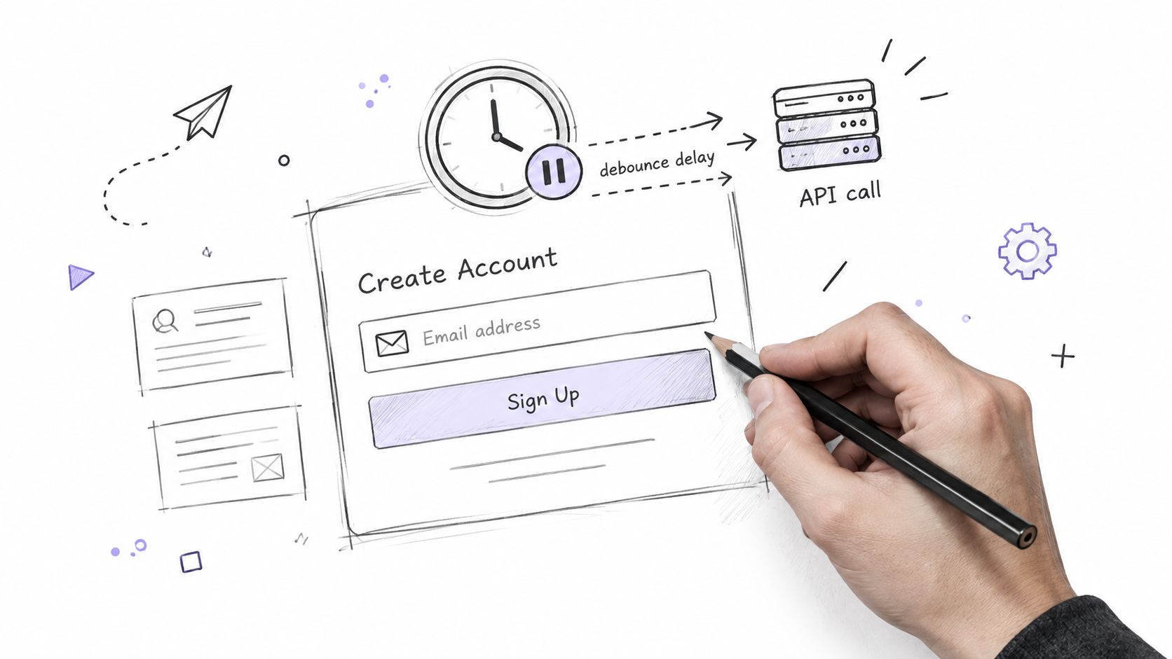 A hand drawing a sign-up form with a clock icon representing a debounce delay for API calls.