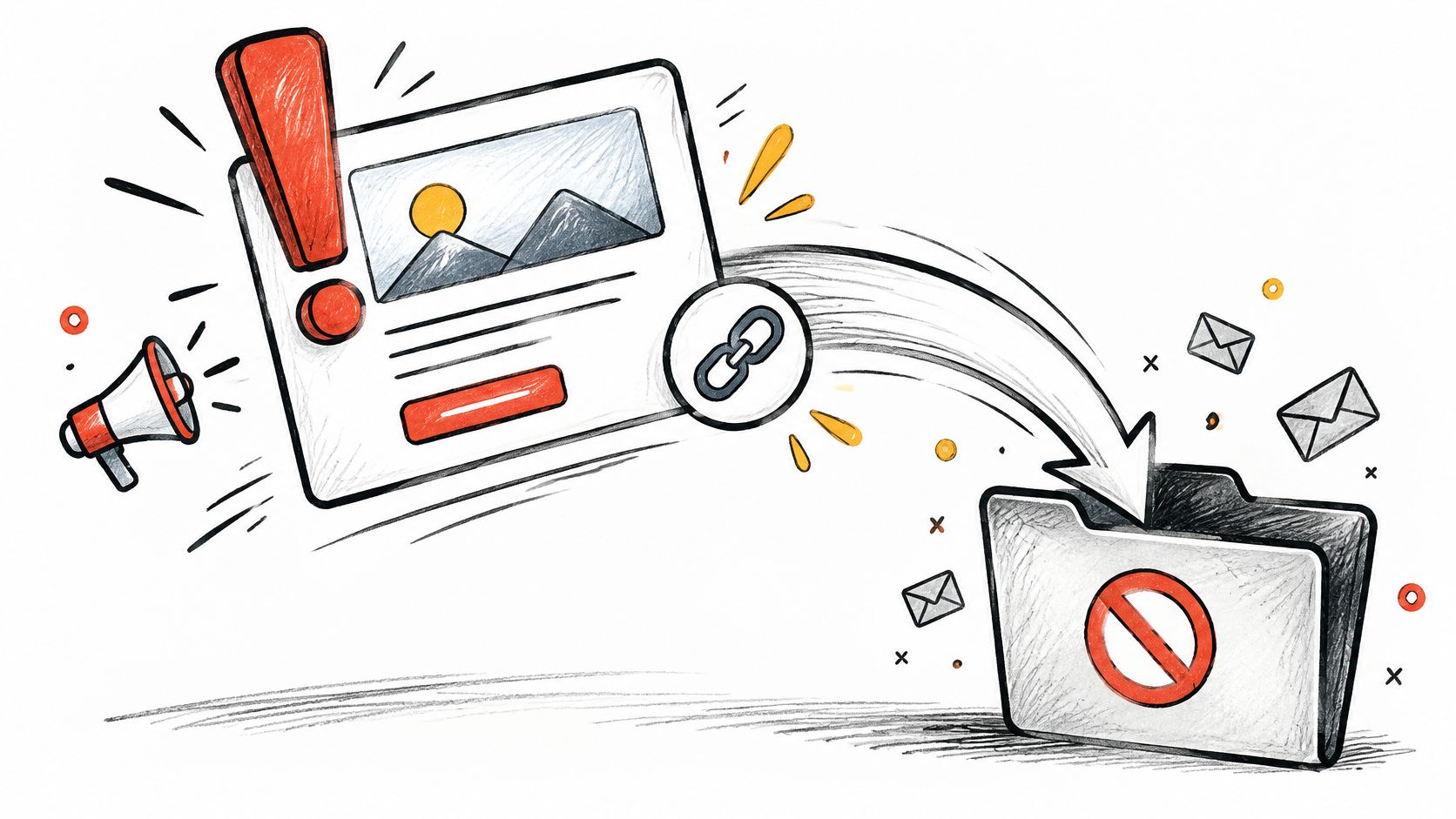 A hand-drawn illustration showing a webpage link being blocked and redirected into a folder with a stop symbol.