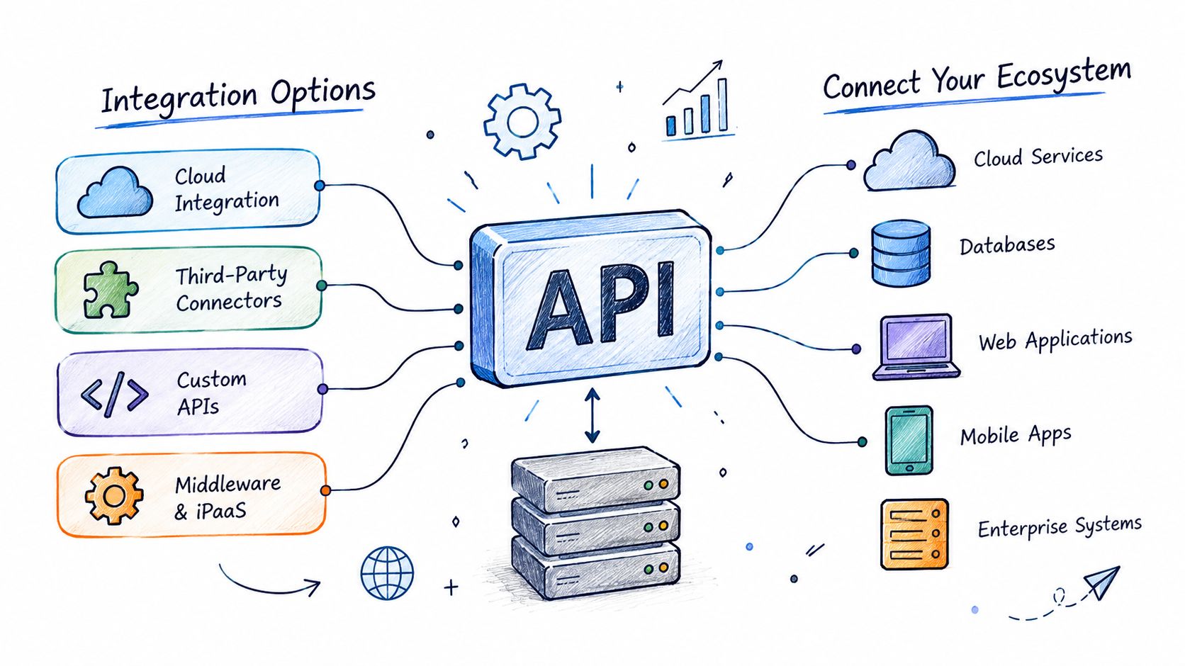 A hand-drawn illustration showing an API serving as a central hub connecting various integration methods and systems.