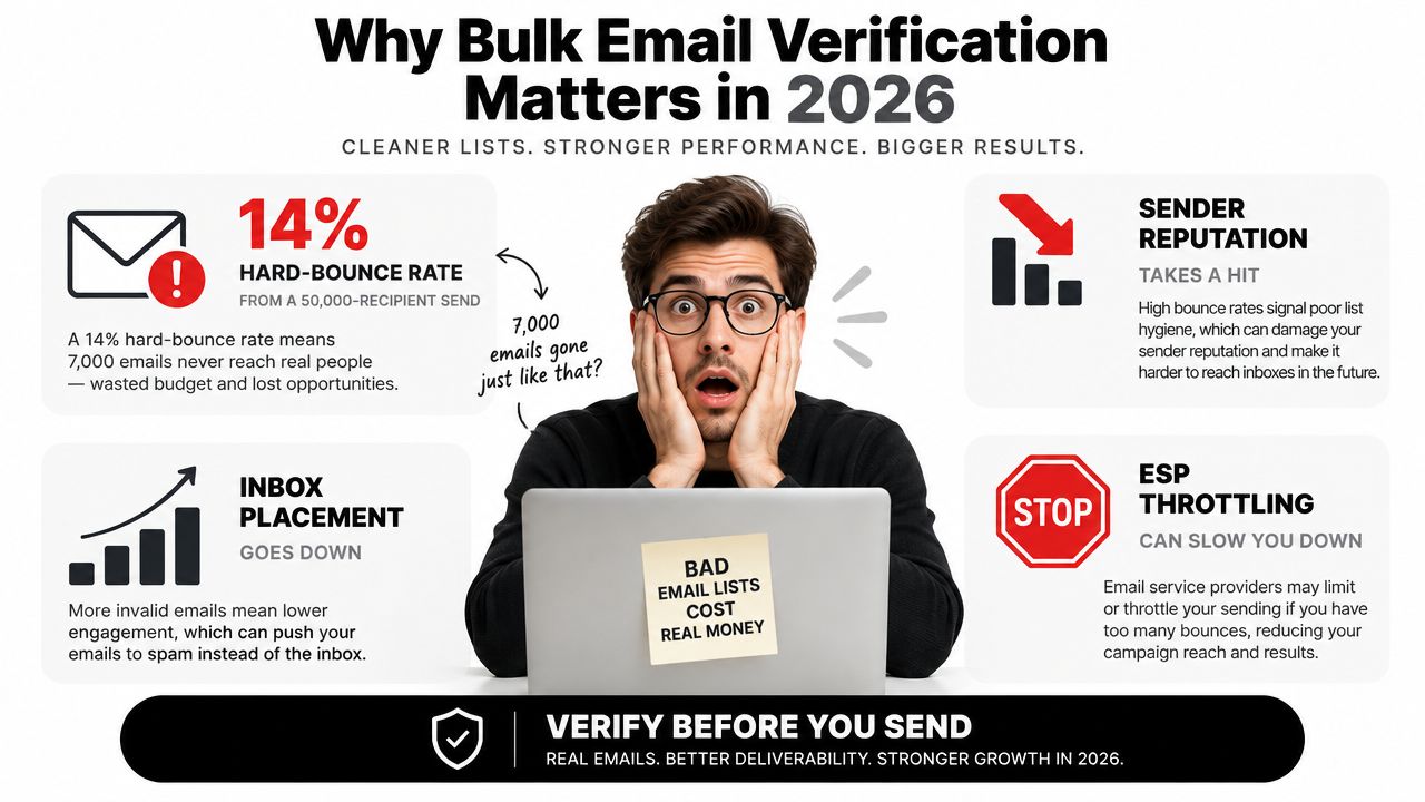 A professional infographic titled Why Bulk Email Verification Matters in 2026 showing impact on email campaigns.