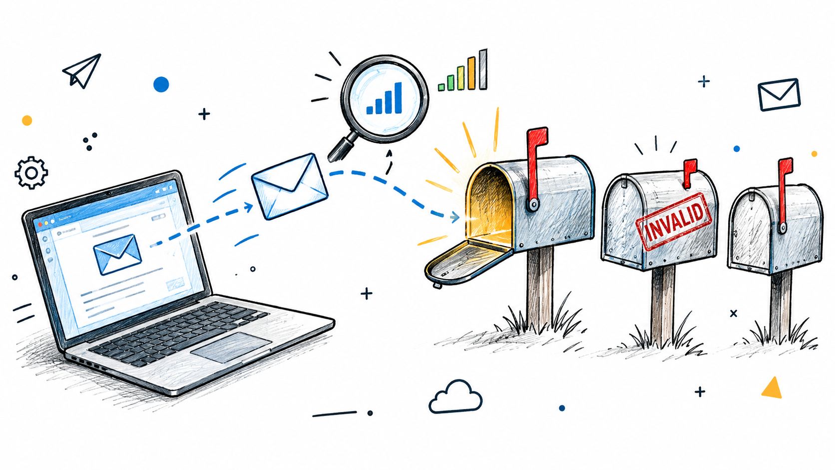 A laptop sending an email that is being analyzed and verified before reaching one of three mailboxes.