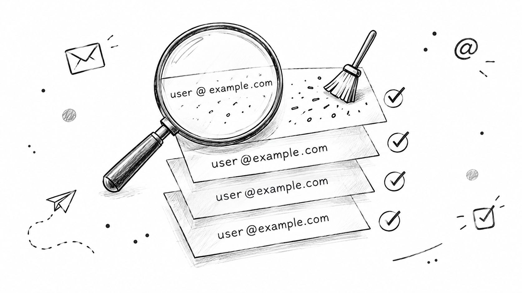 A hand-drawn illustration showing a magnifying glass examining and cleaning a list of email addresses.