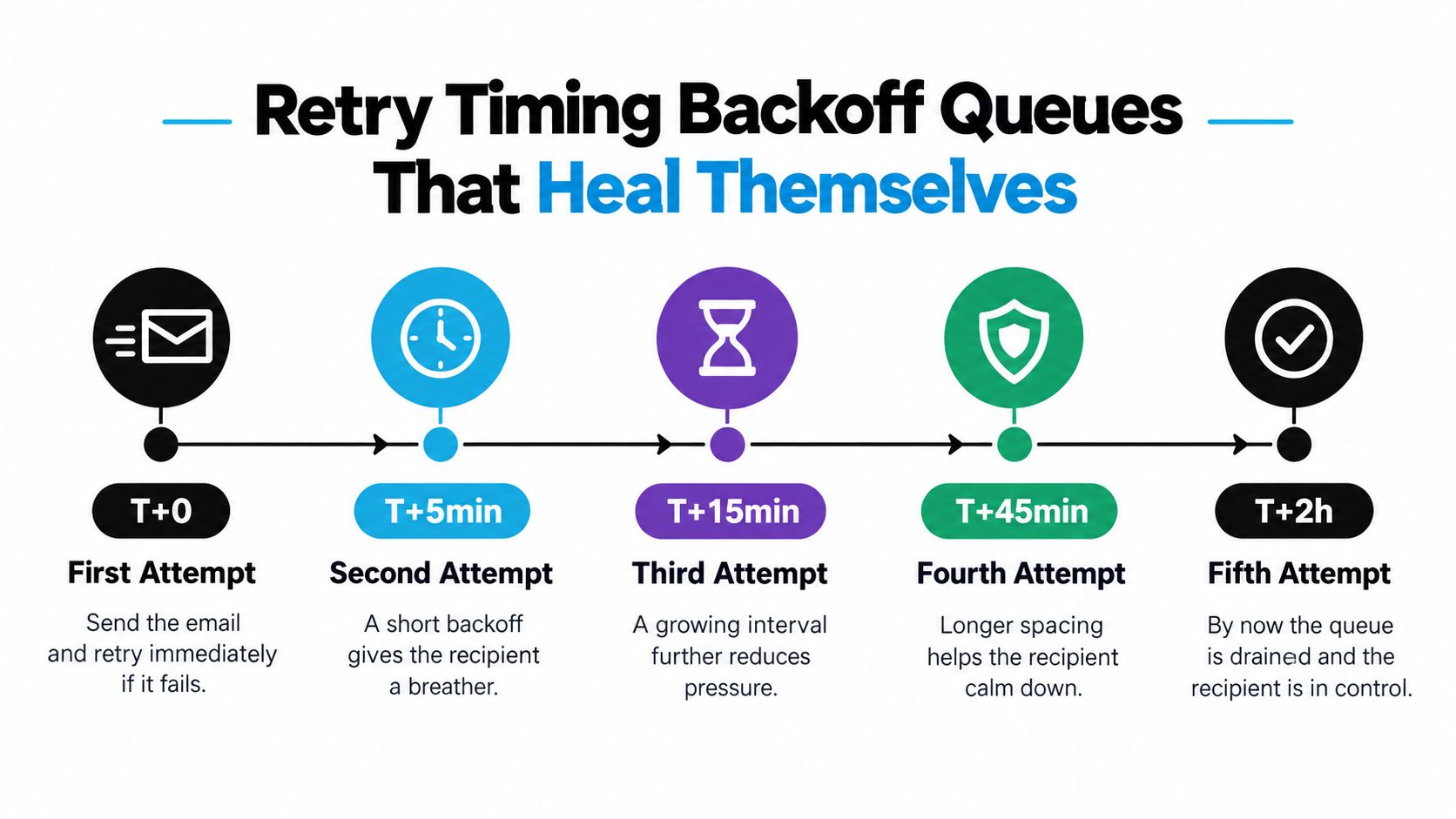A diagram illustrating the Retry Timing Backoff Queues process for email delivery with five distinct time intervals.