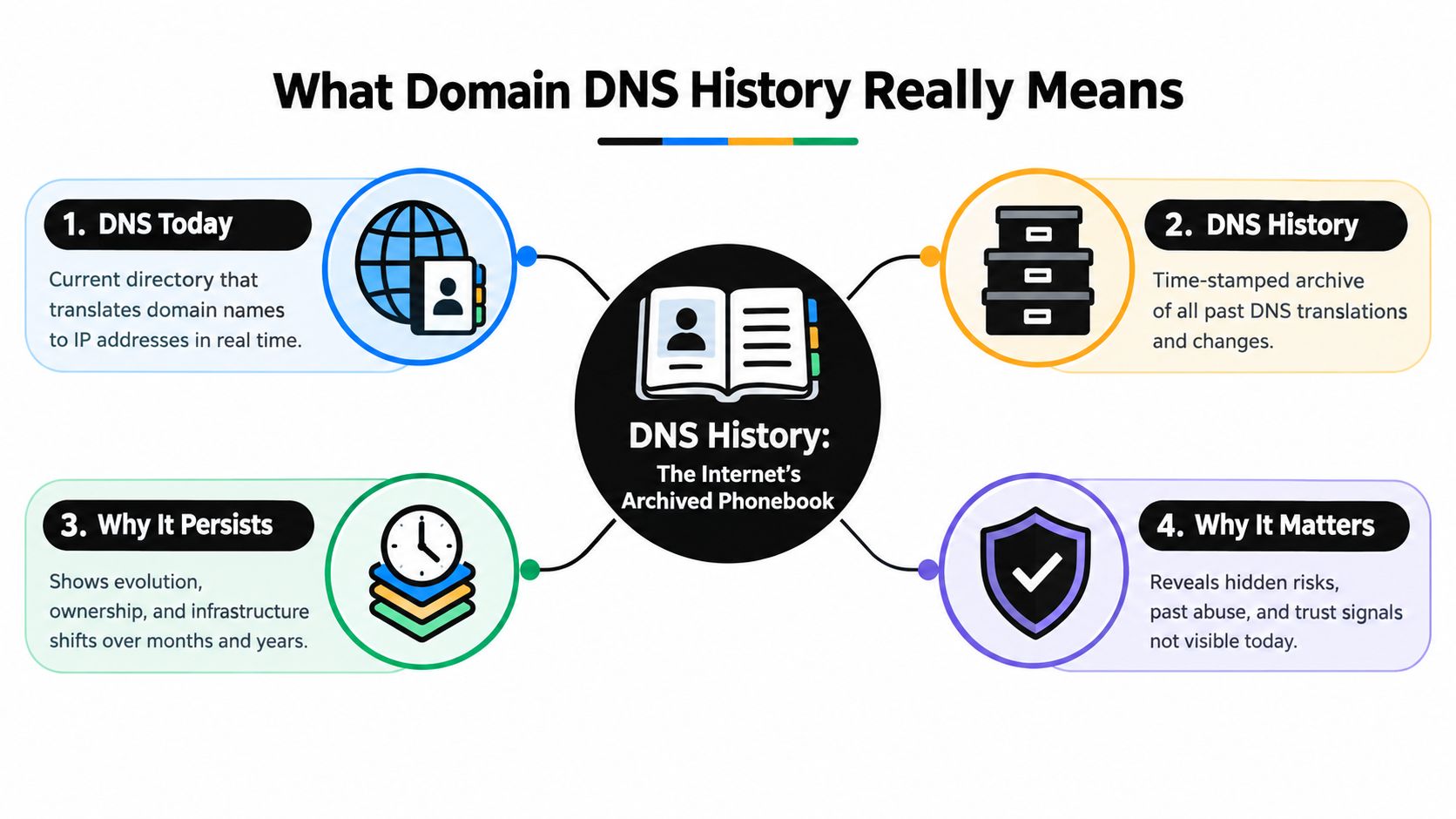 An infographic explaining domain DNS history, defining current records, historical archives, persistence, and importance for security.
