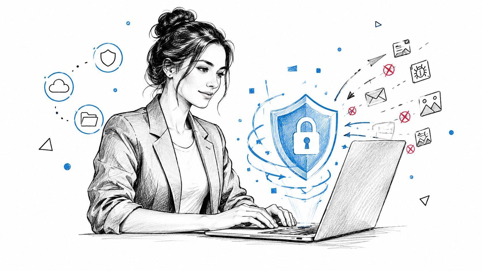A professional woman working on a laptop with digital security shields and email filtering icons.