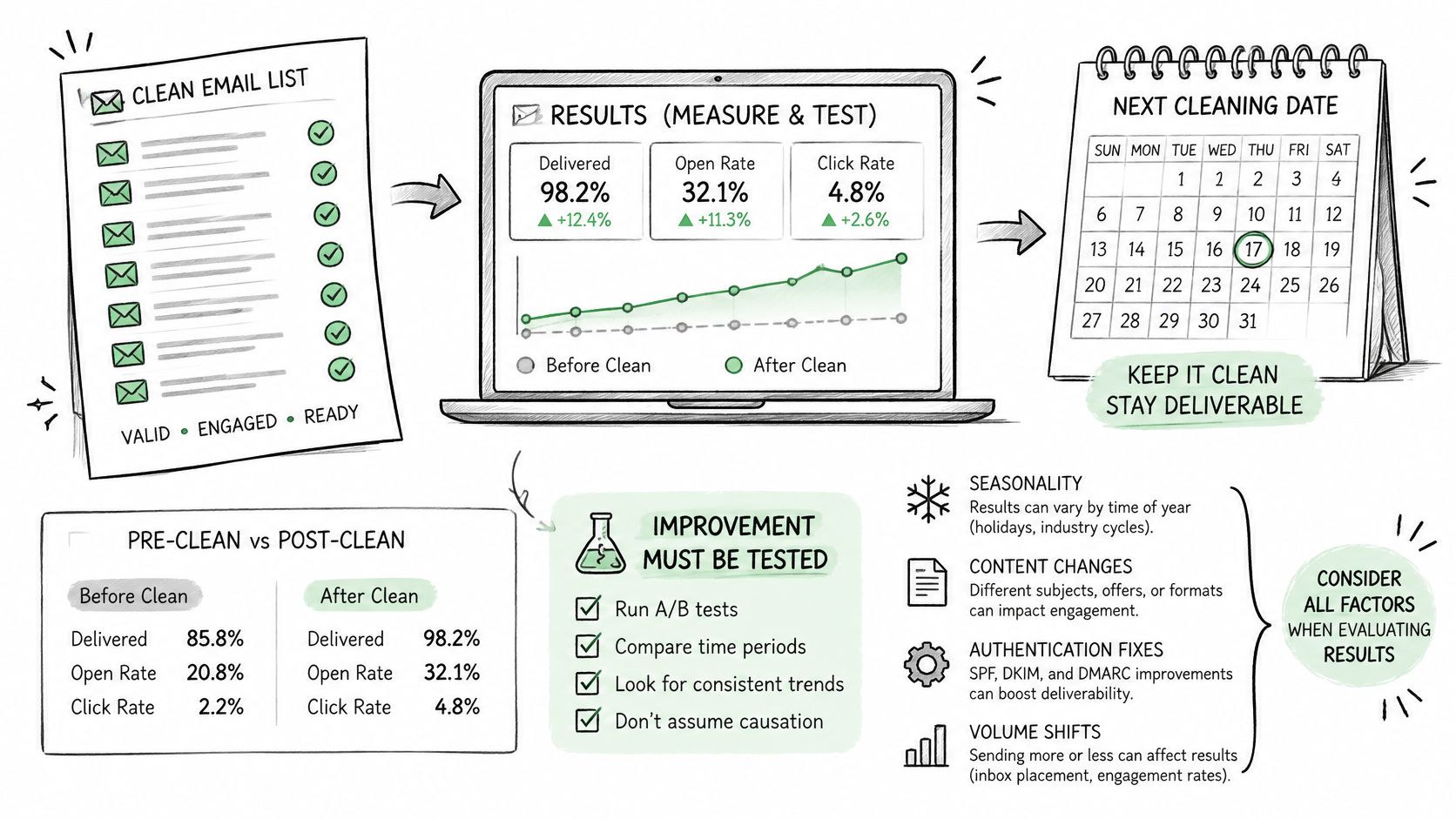 An infographic showing the process of email database cleaning, including results metrics, testing strategies, and evaluation factors.