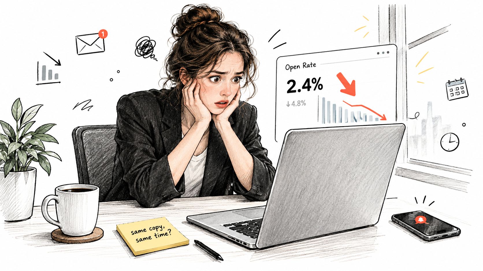 A concerned woman sitting at her desk looking at a laptop showing a declining email open rate.
