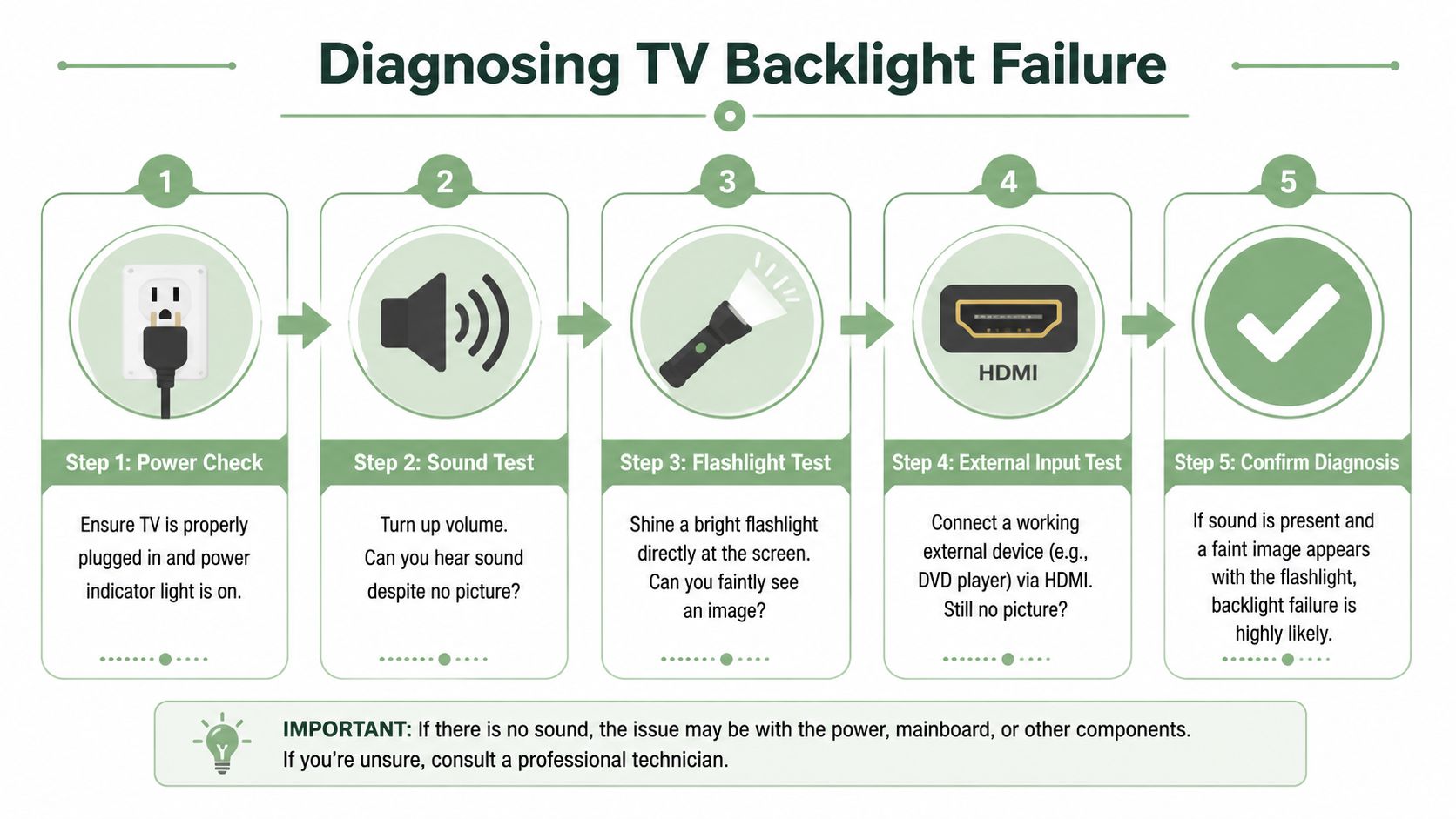 A five-step infographic showing how to diagnose TV backlight failure using power, sound, and flashlight tests.