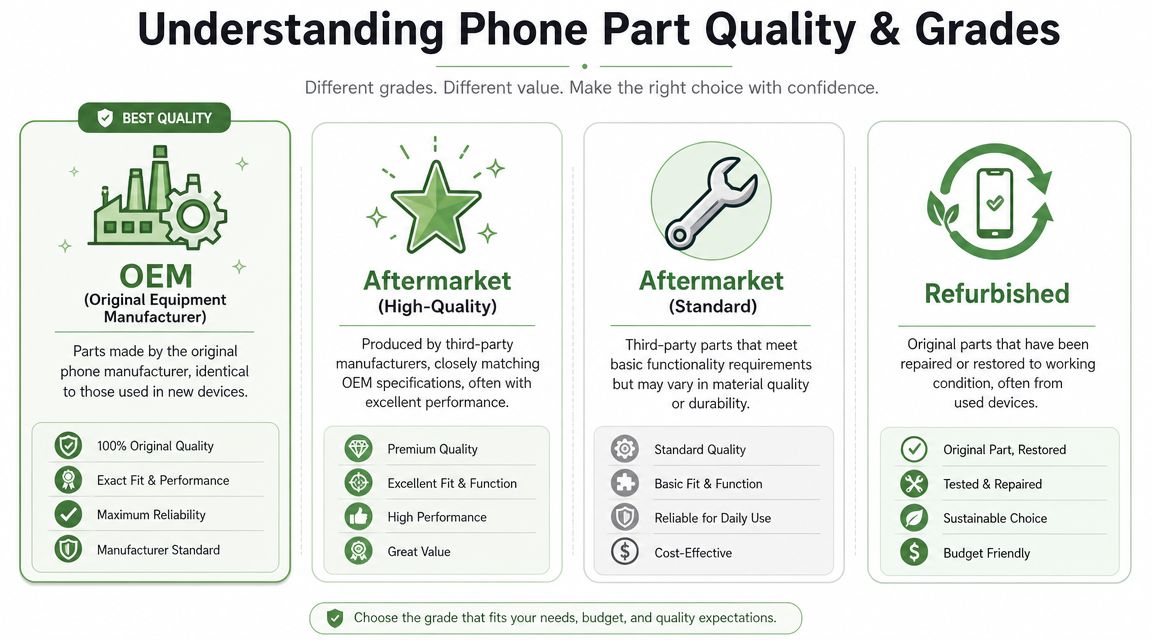 An infographic titled Understanding Phone Part Quality & Grades explaining the differences between OEM, Aftermarket, and Refurbished parts.