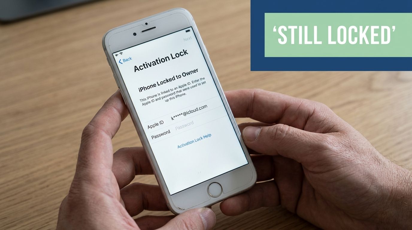 A person holding an iPhone showing an Activation Lock screen requesting an Apple ID and password.