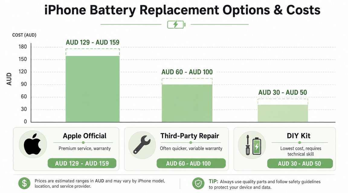 A bar chart comparing costs of iPhone battery replacement options including Apple Official, Third-Party Repair, and DIY Kits.