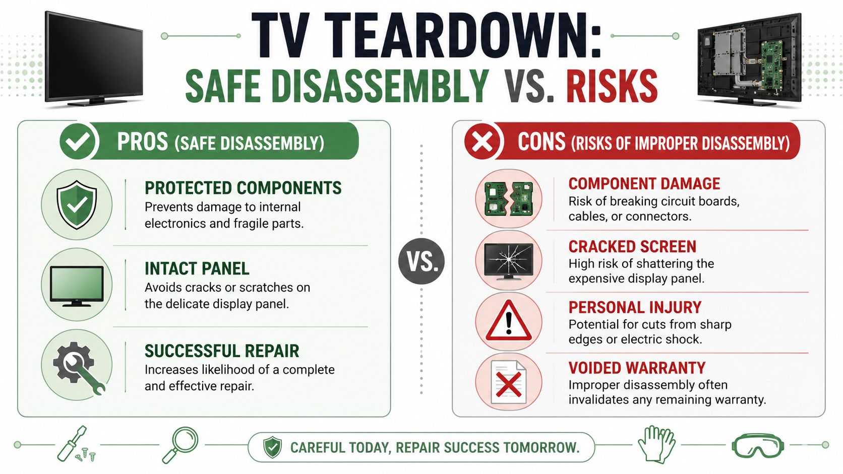An infographic comparing the benefits of safe TV disassembly versus the risks of improper repair techniques.