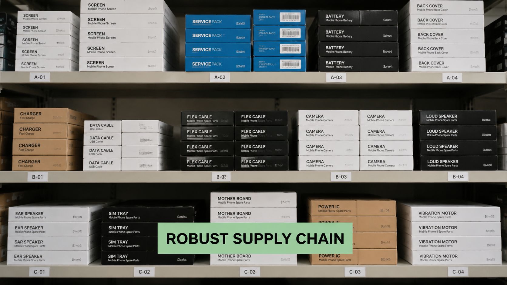 Shelves stocked with organized boxes containing various cell phone spare parts, batteries, cables, and electronic components.