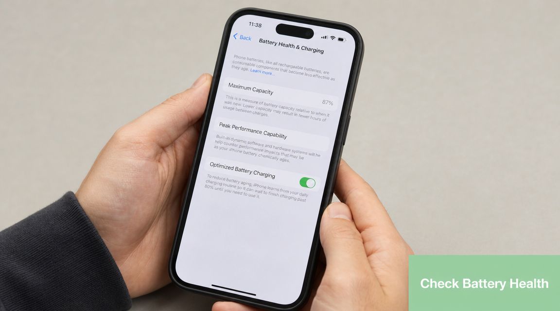 A person holding an iPhone showing the Battery Health and Charging settings screen displaying 87 percent capacity.