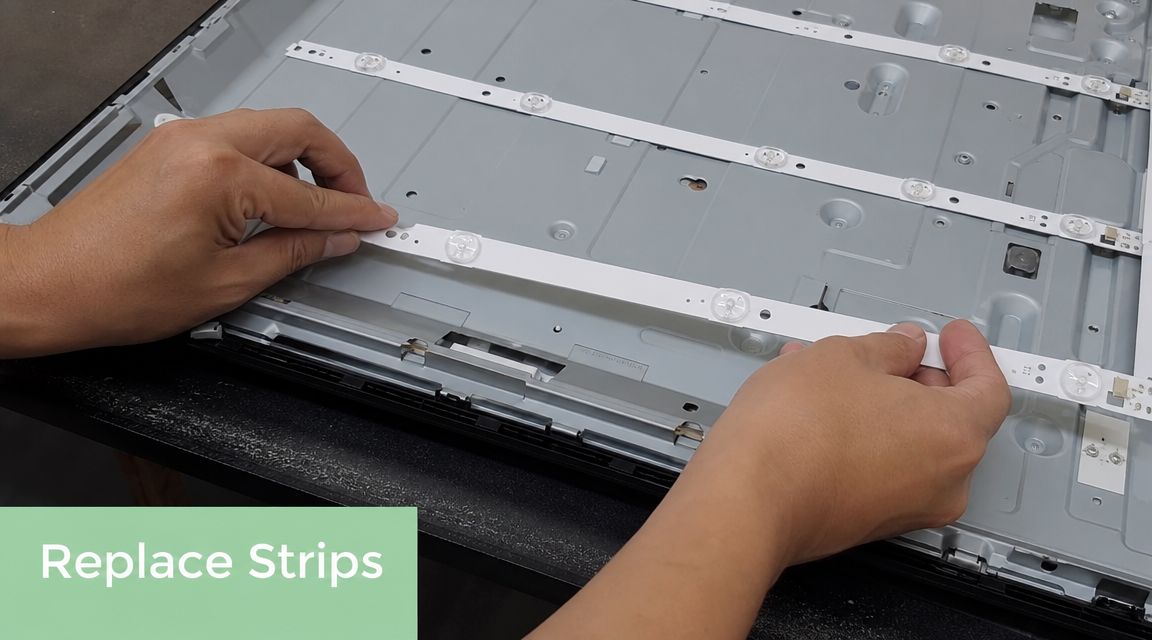 A technician carefully installing or replacing a new LED backlight strip onto the frame of a disassembled television.