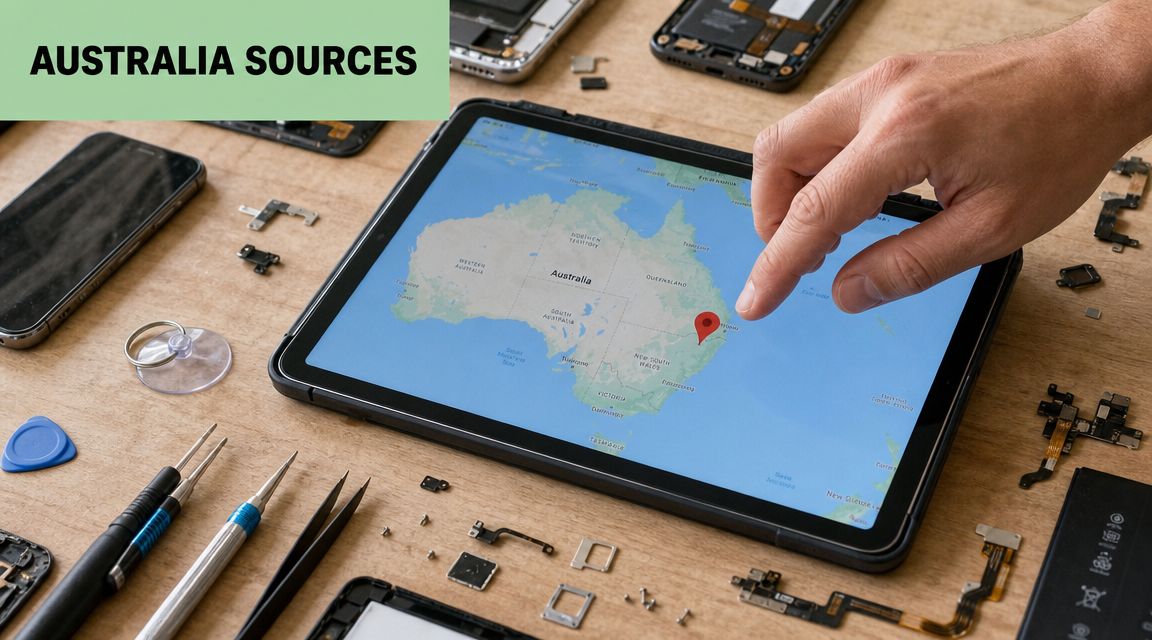 A tablet displays a map of Australia on a wooden desk surrounded by various cell phone repair tools.