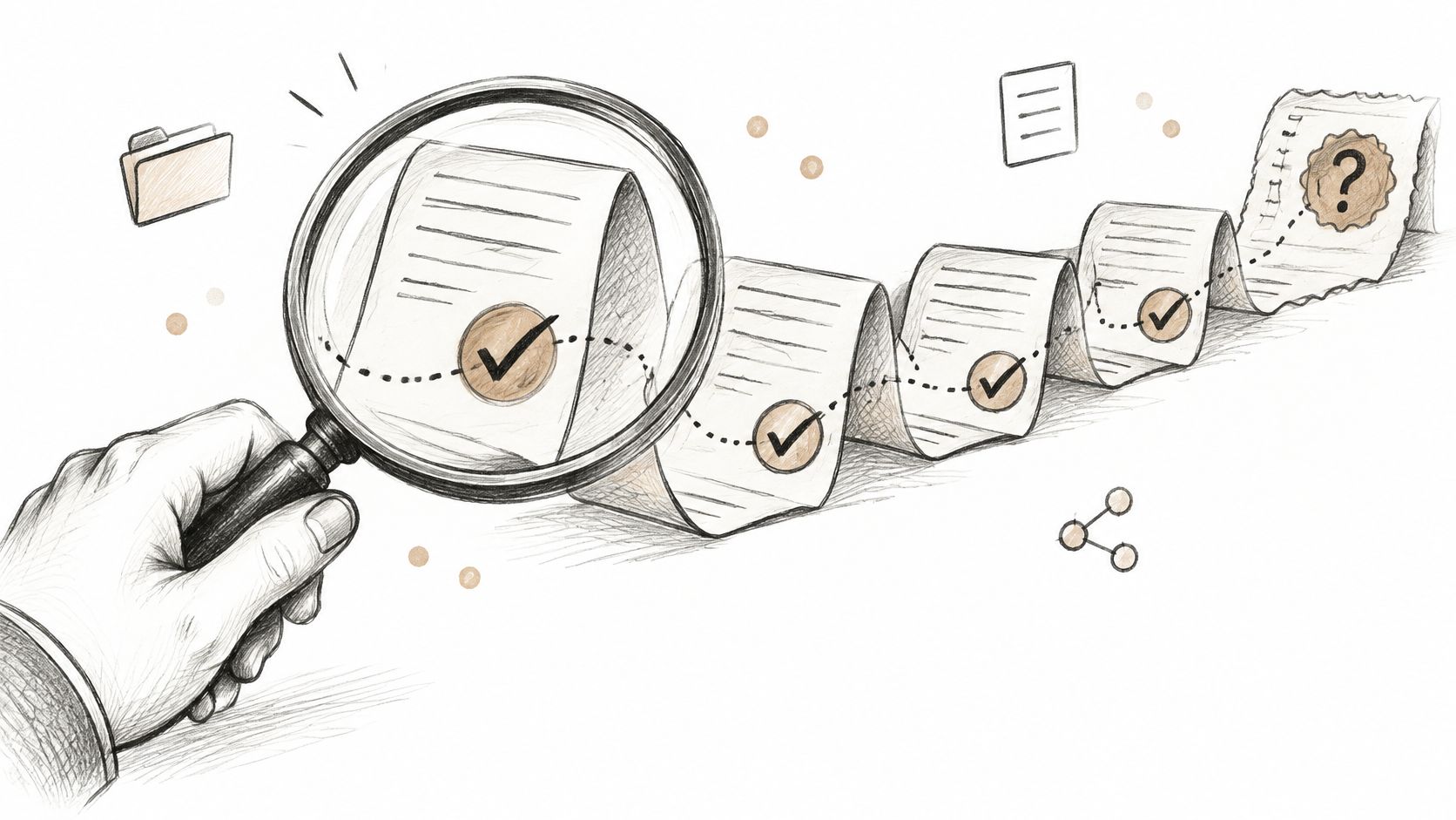 A hand holds a magnifying glass over a long document with a series of checkmarks and a question mark.