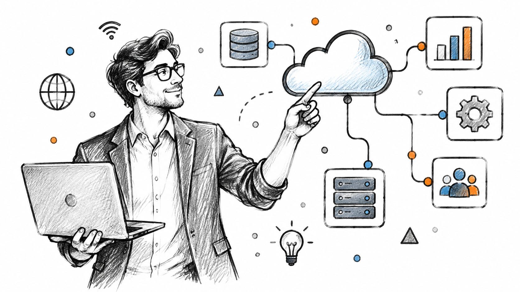 A professional man in a suit using a laptop and pointing toward cloud computing digital icons.