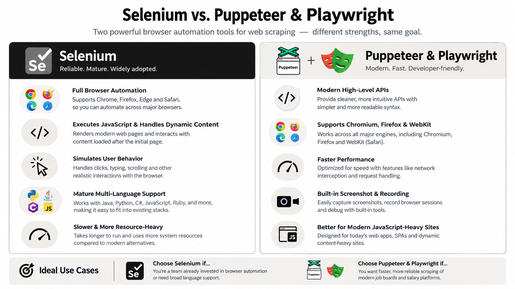 A comparison infographic between Selenium and Puppeteer and Playwright for web scraping, detailing key differences and features.