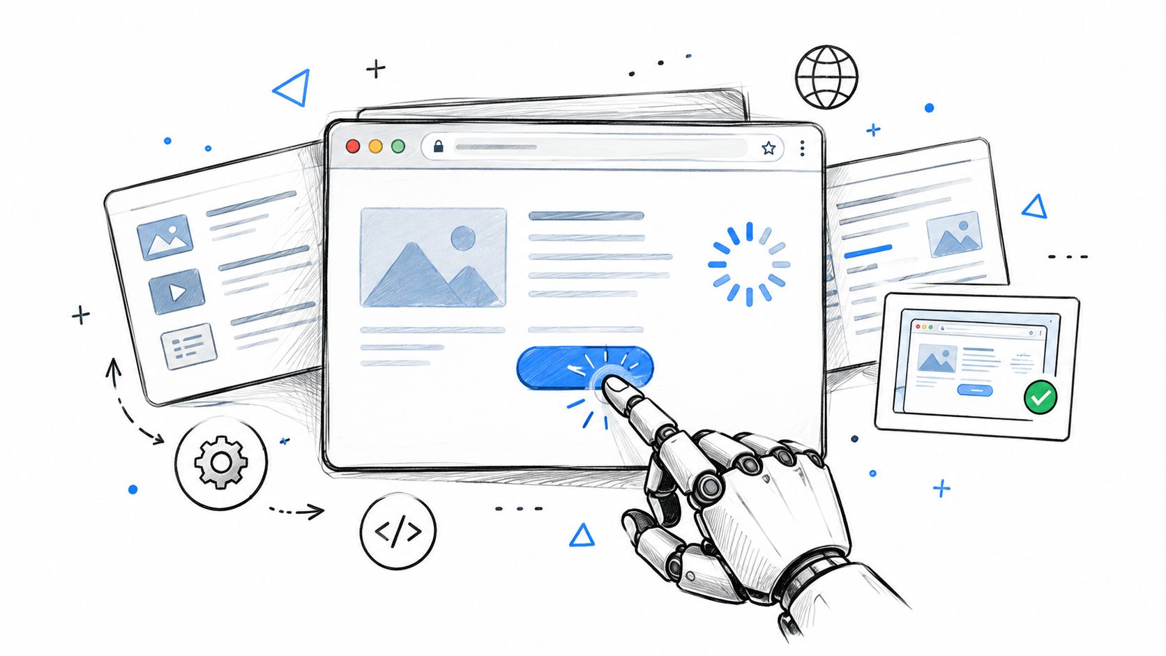 A robotic hand clicking a button on a web page interface during automated web scraping process.