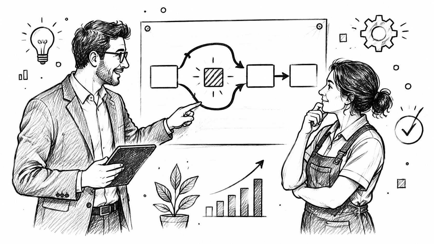 A professional business consultant explains a strategic process diagram on a whiteboard to an attentive colleague.