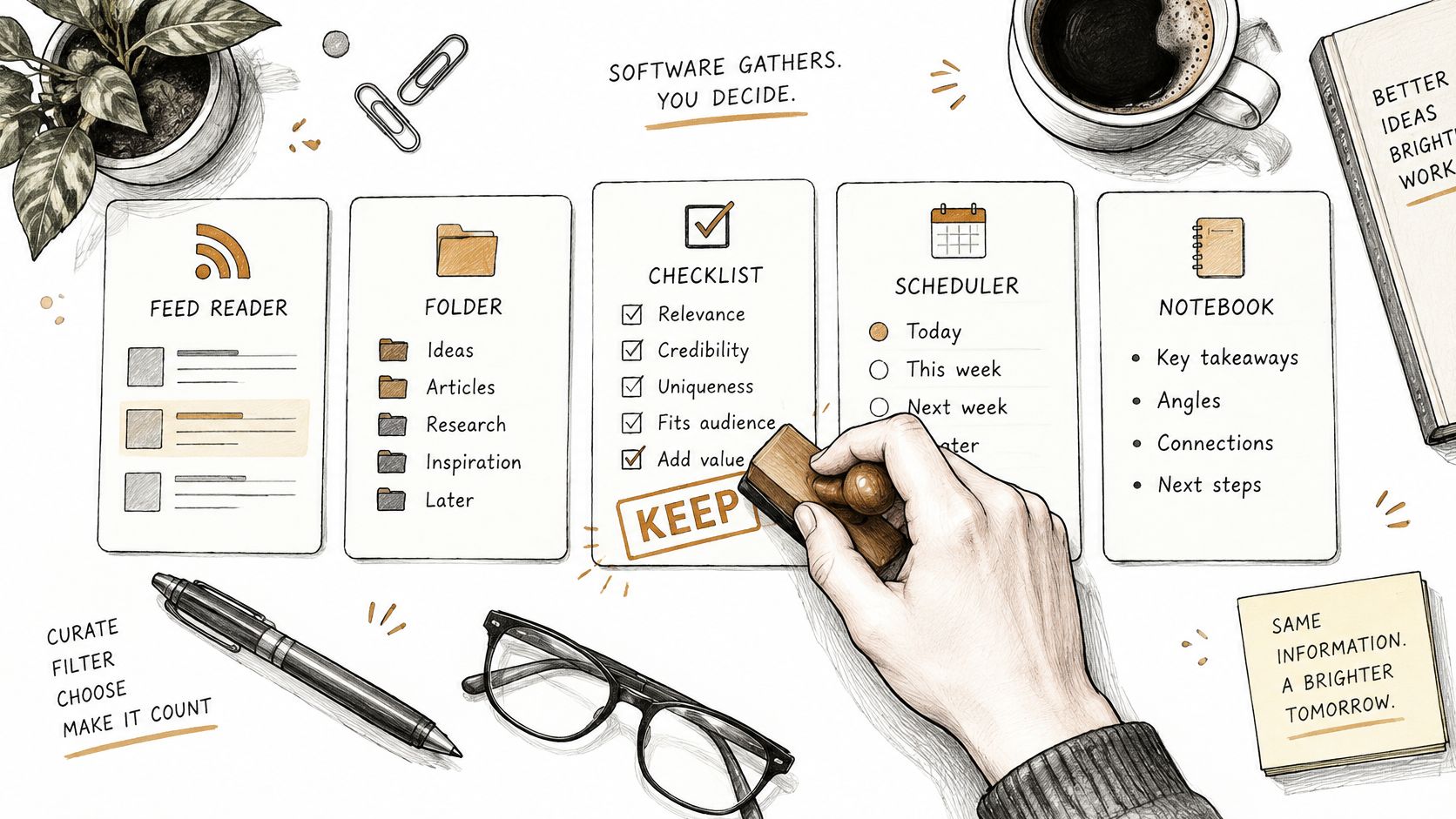 A top-down view of a desk showing an illustration of a content curation process with icons and checklists.