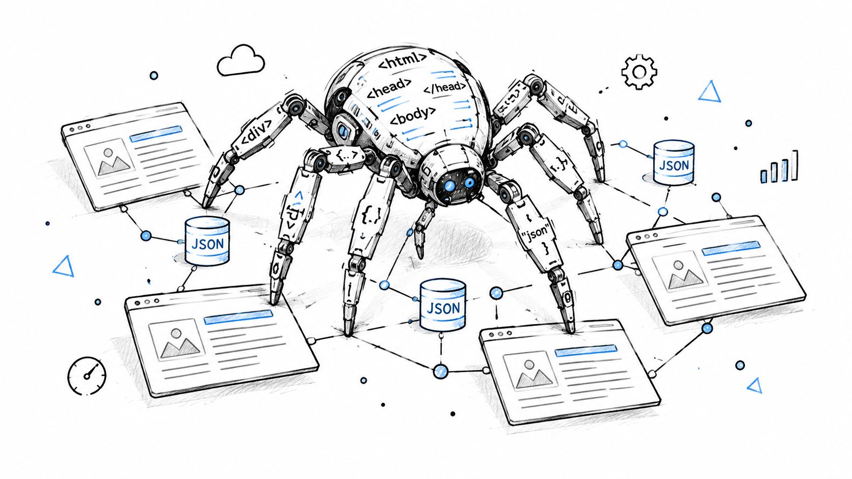 A mechanical spider bot crawling across web pages and extracting data into JSON databases for web scraping.