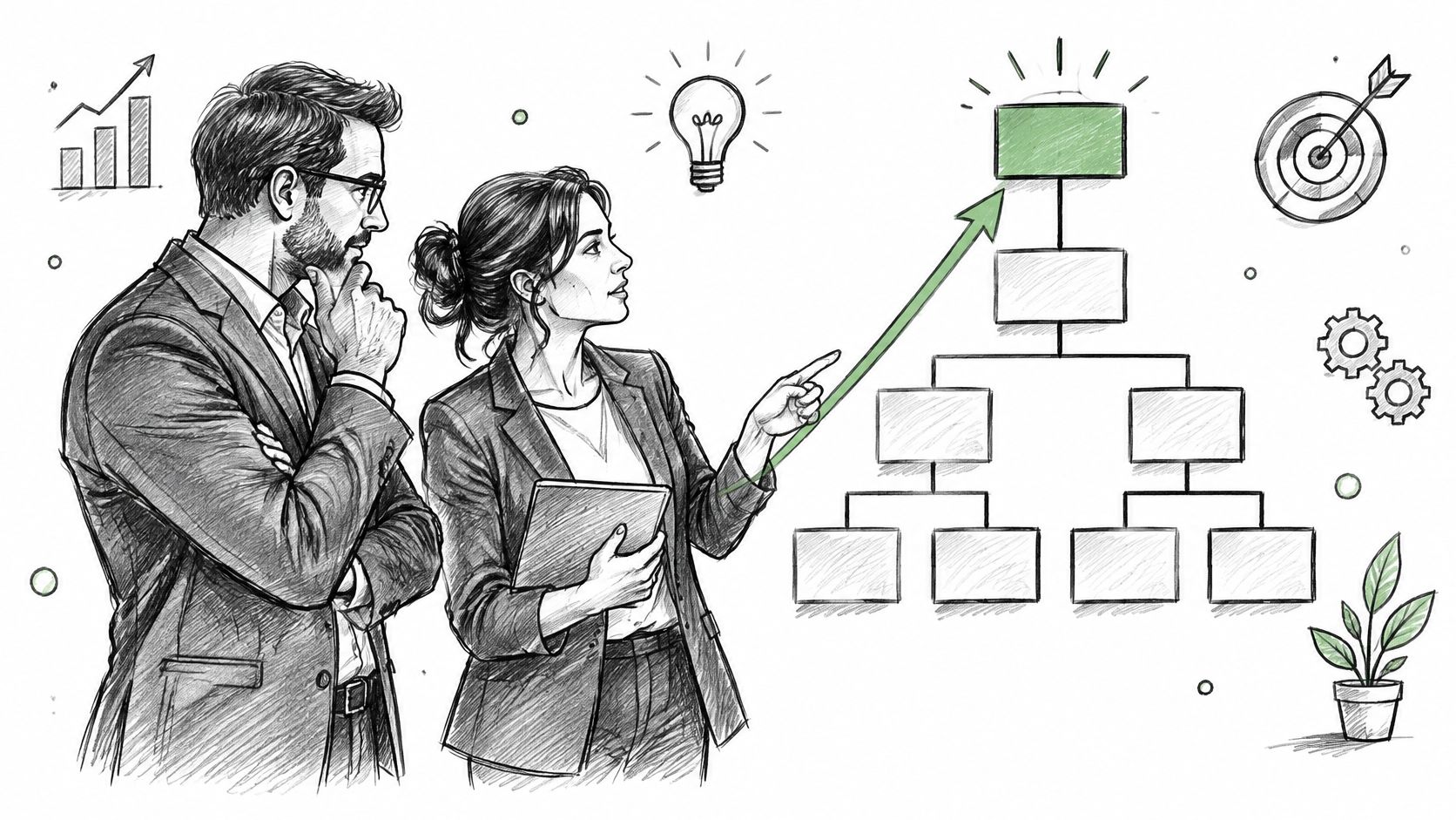 A businesswoman points to an organizational chart while a businessman in a suit looks on thoughtfully.