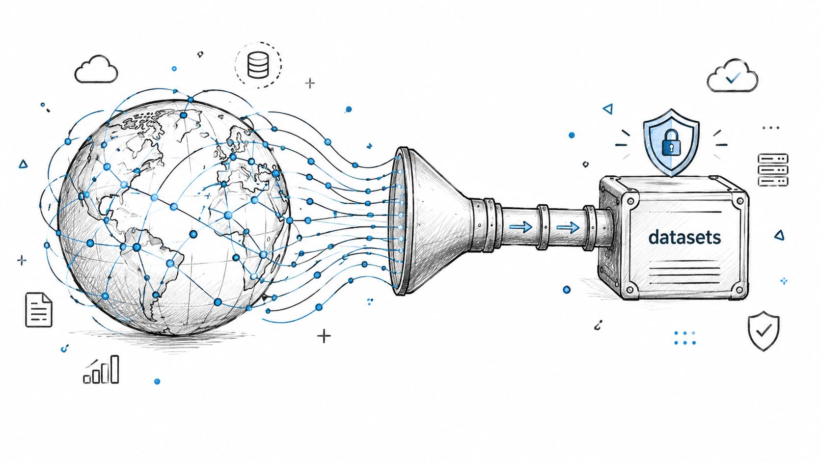 A digital illustration showing data from a global globe flowing through a funnel into a secure container.