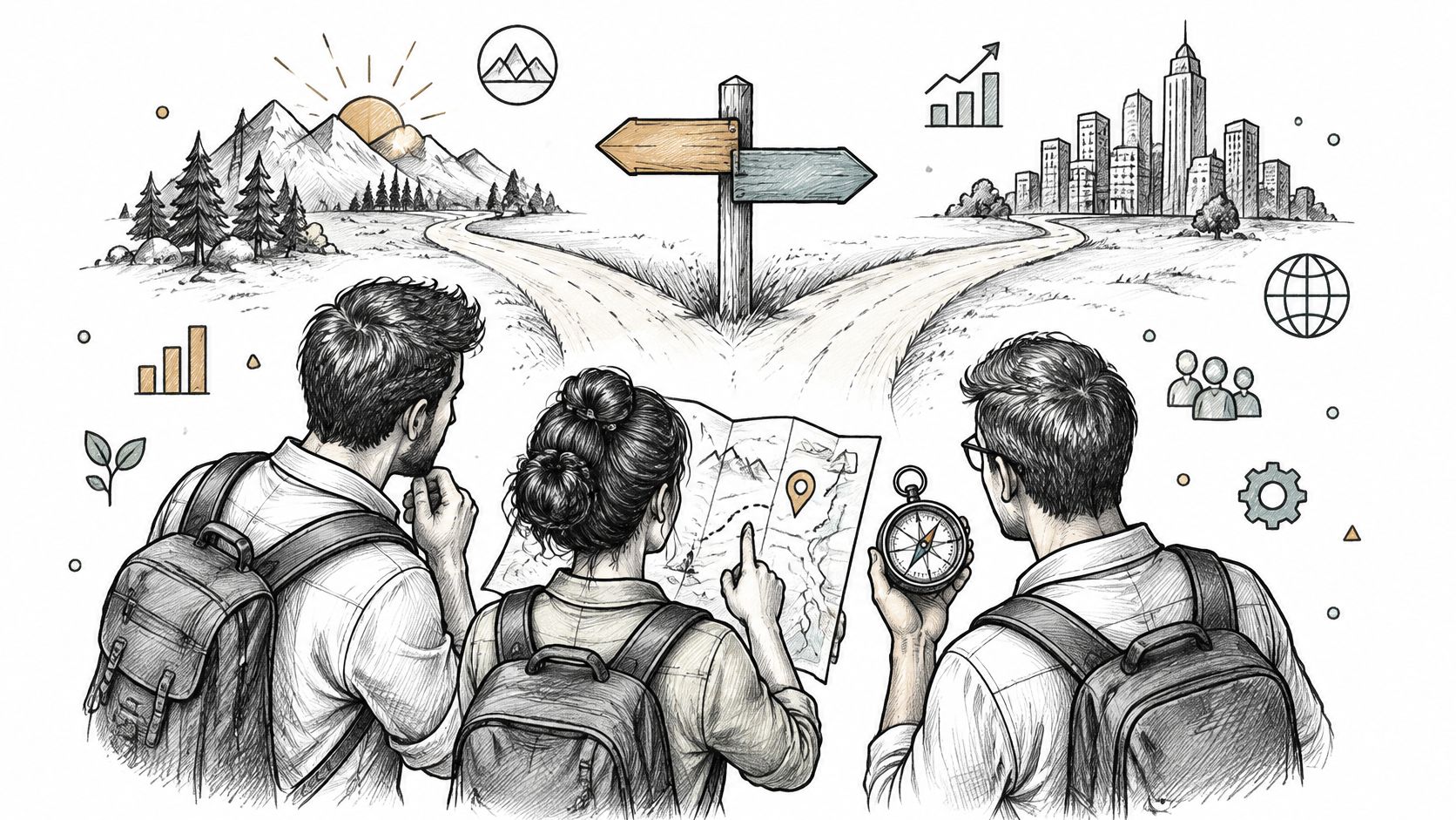 Three people holding a map and compass, standing at a crossroads between nature and a modern city.