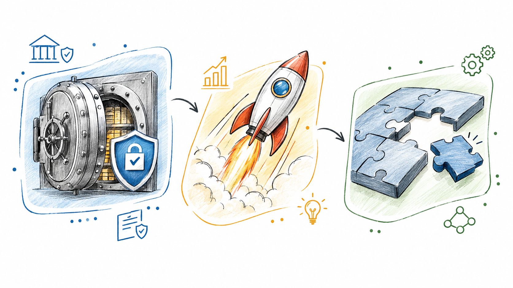 A hand-drawn illustration depicting a secure vault, a rocket launching, and puzzle pieces connecting together.
