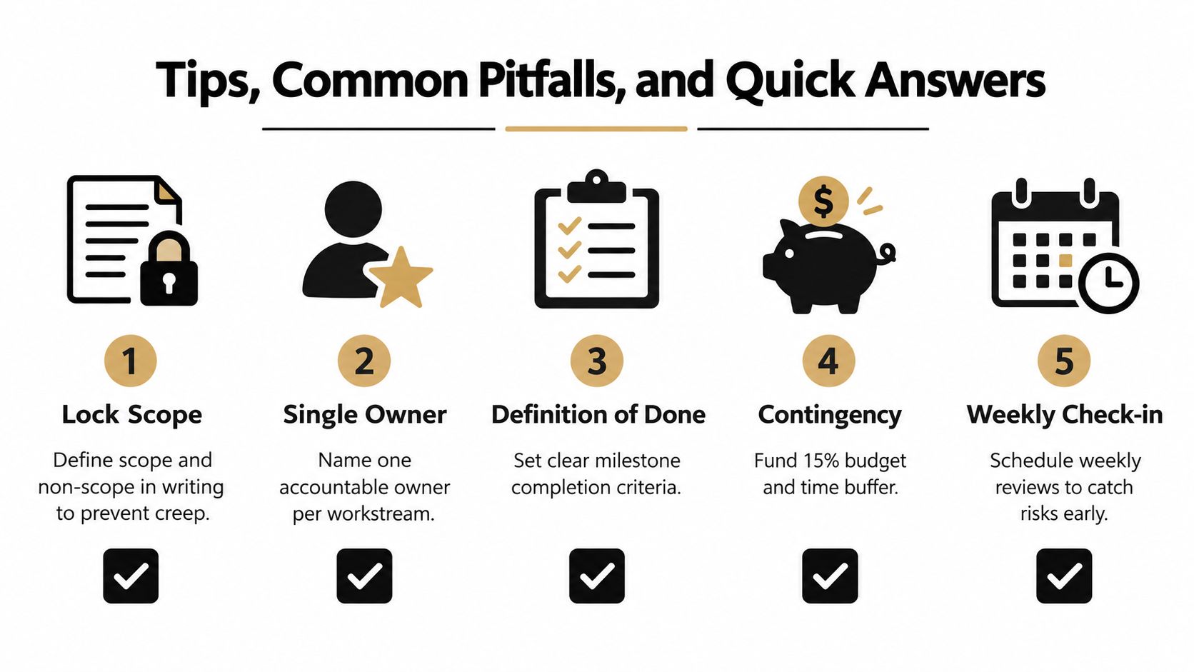 A project management infographic showing five key tips for successful project execution and common pitfalls.