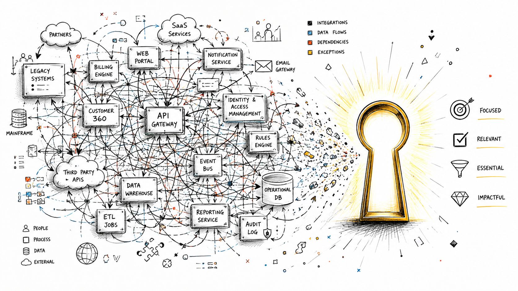 A hand-drawn illustration showing a complex network of business systems connecting to a single golden keyhole.