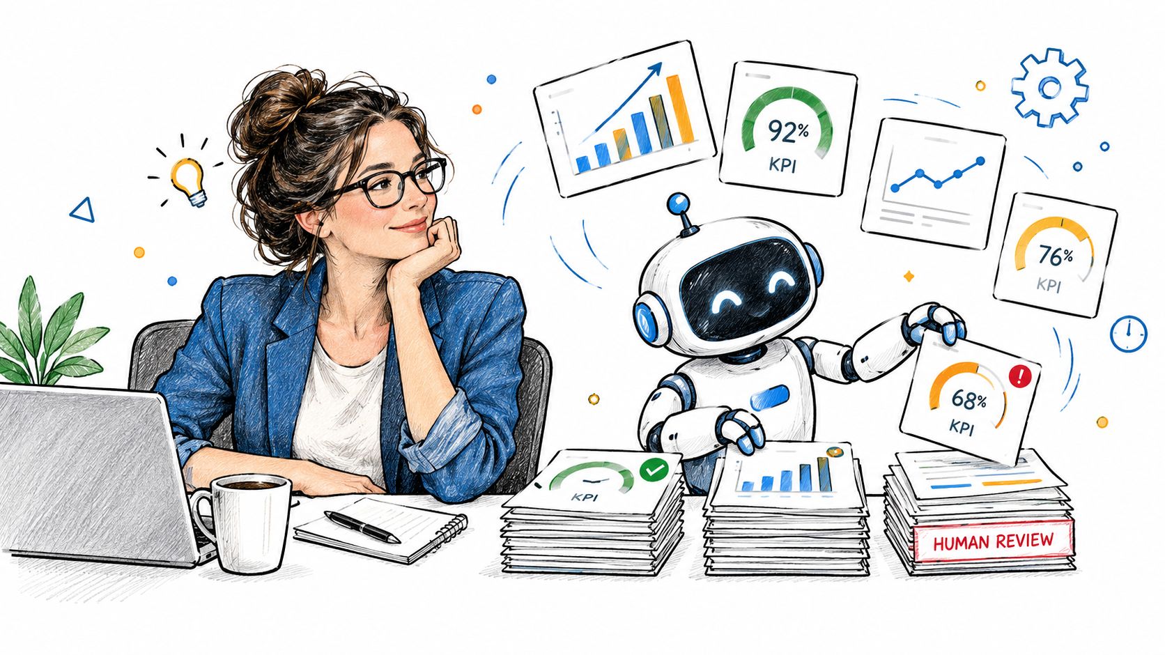 A professional woman sitting at a desk collaborating with a helpful robot to analyze business KPI reports.