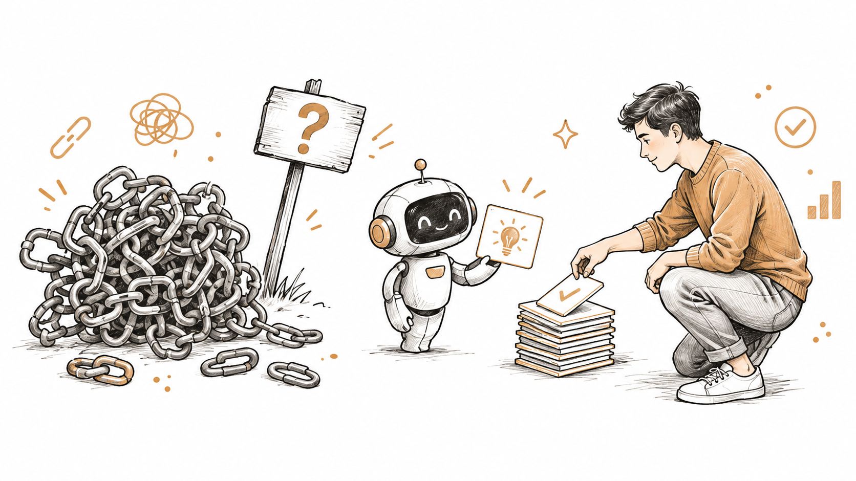 A robot and a person organizing a tangled pile of chains into neat, structured stacks.