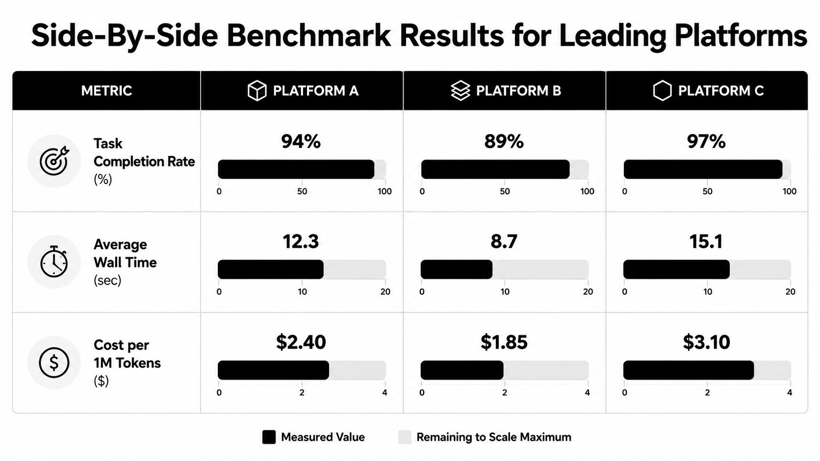 A table comparing performance benchmarks for three AI platforms across task completion rate, speed, and cost.