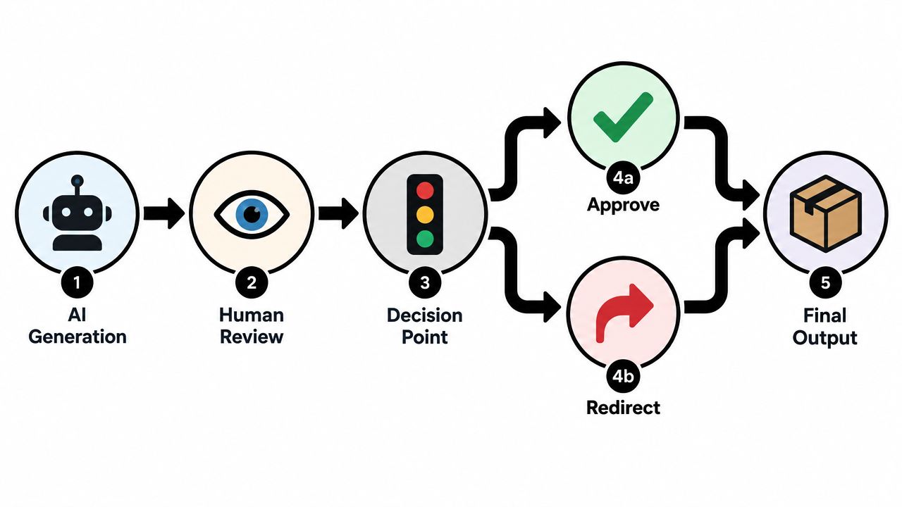 A flow chart depicting a human in the loop AI process from generation to final output.