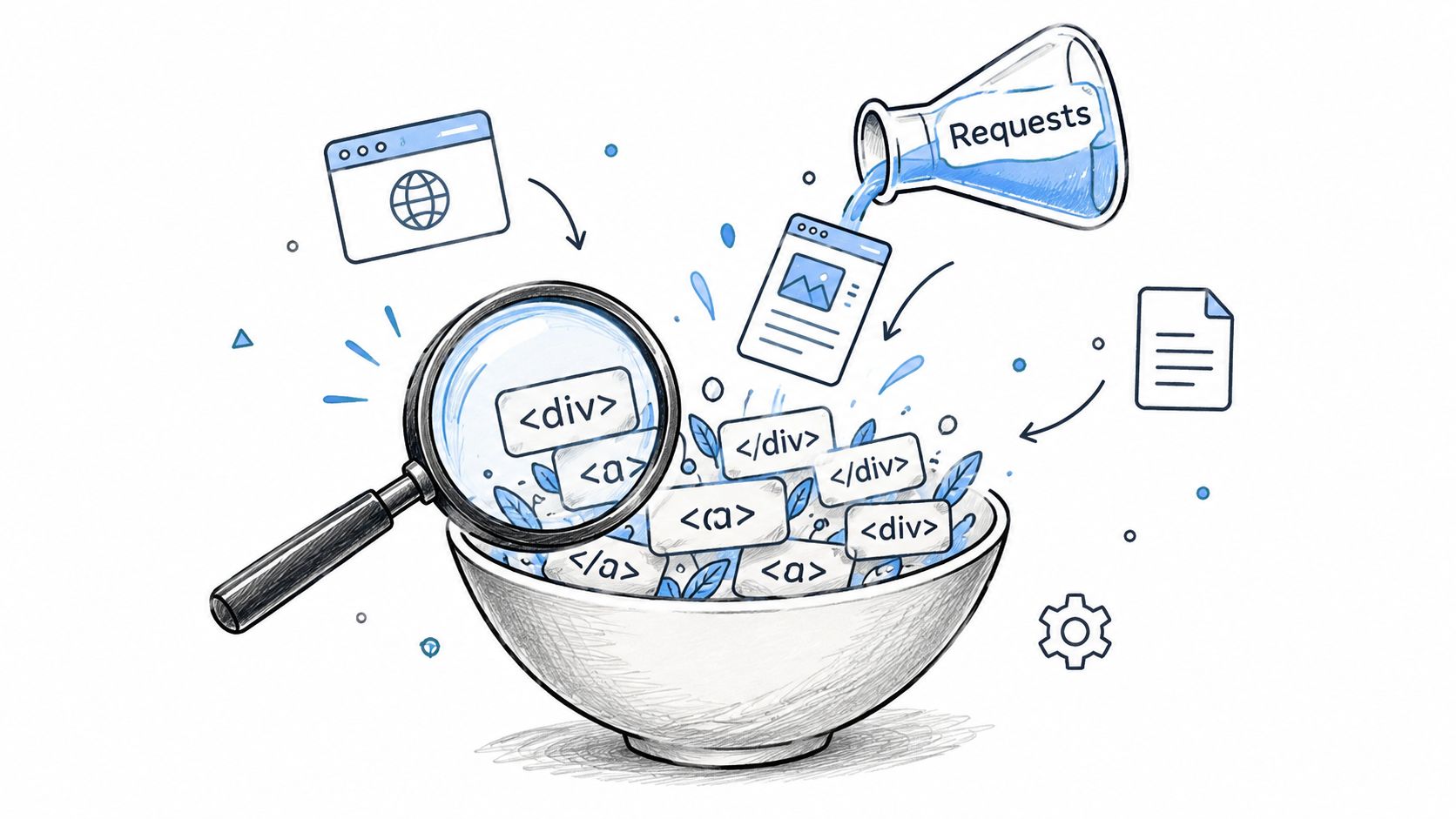 A magnifying glass inspecting HTML tags like div and a in a bowl representing web scraping process.