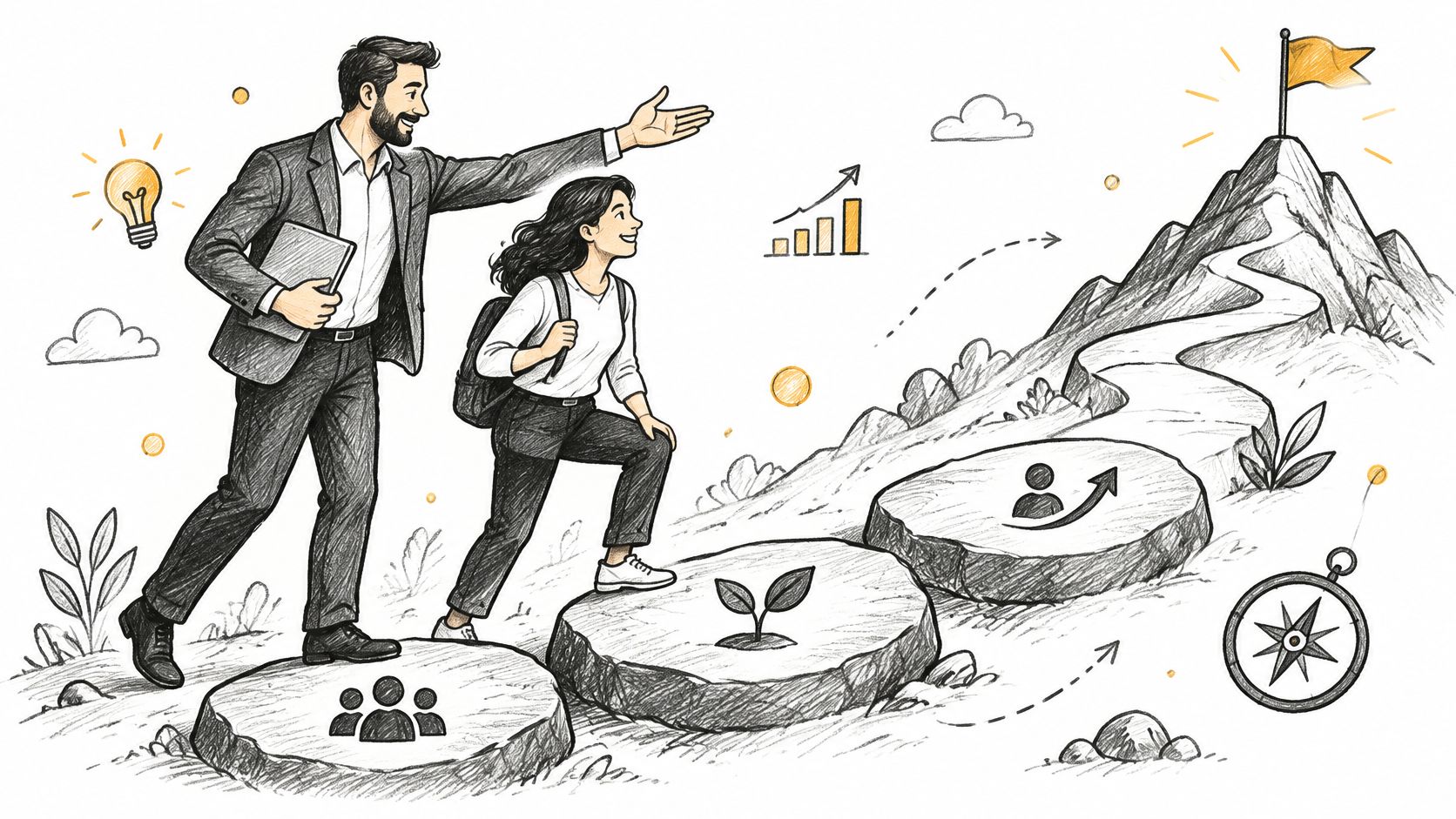A professional mentor guiding a student along a path toward success on a mountain with growth symbols.
