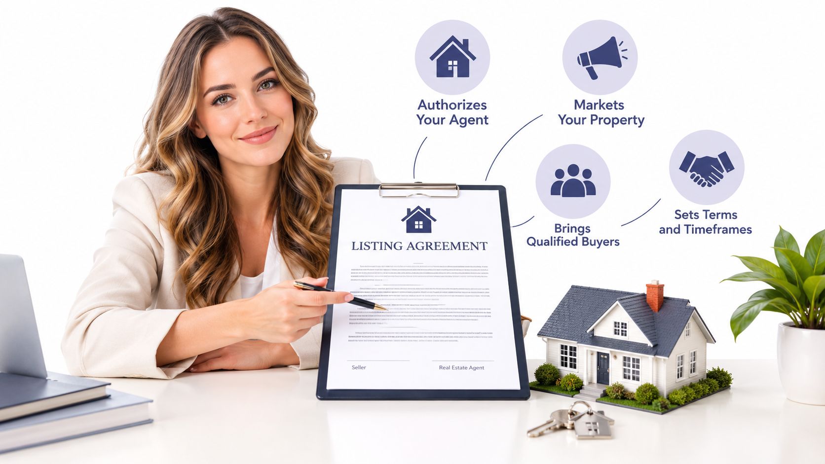A professional real estate agent pointing to a listing agreement document at a desk with a house model.