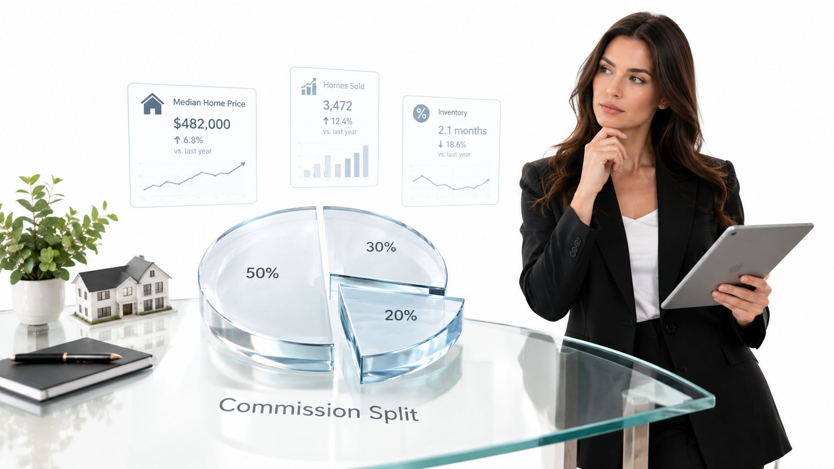 A professional real estate agent reviewing housing market data and commission split statistics on a digital tablet.