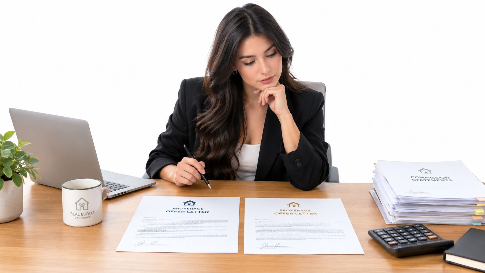 A professional real estate agent carefully reviewing two brokerage offer letters at her desk with a laptop.