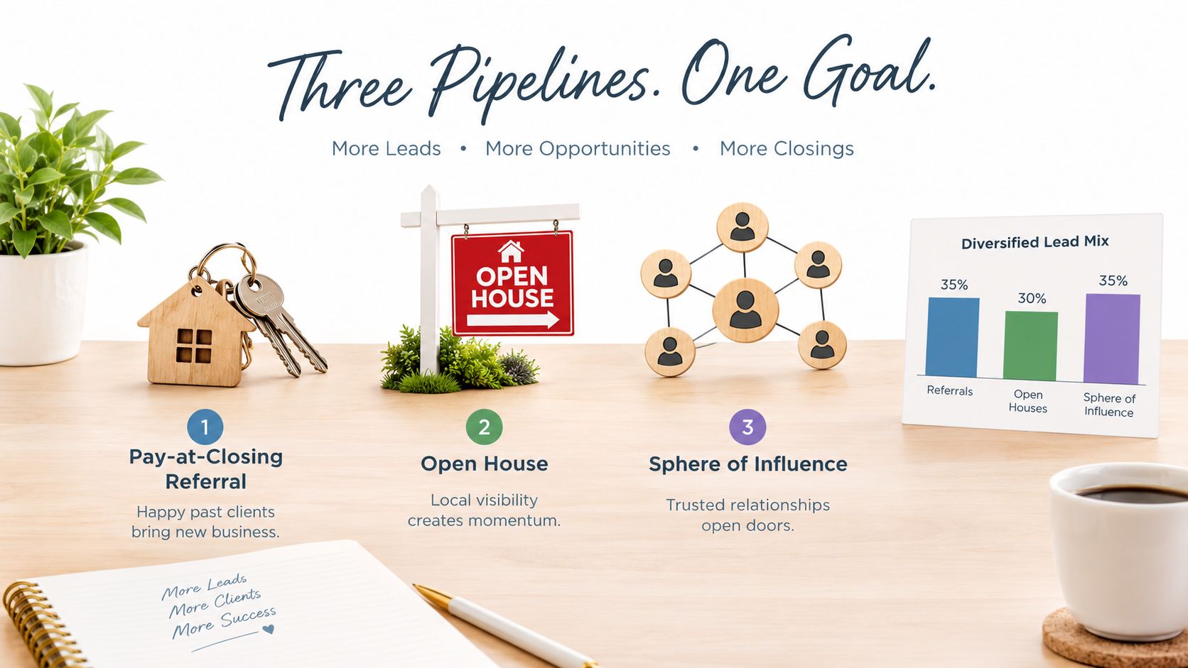 An infographic showing three real estate lead generation strategies including referrals, open houses, and sphere of influence.