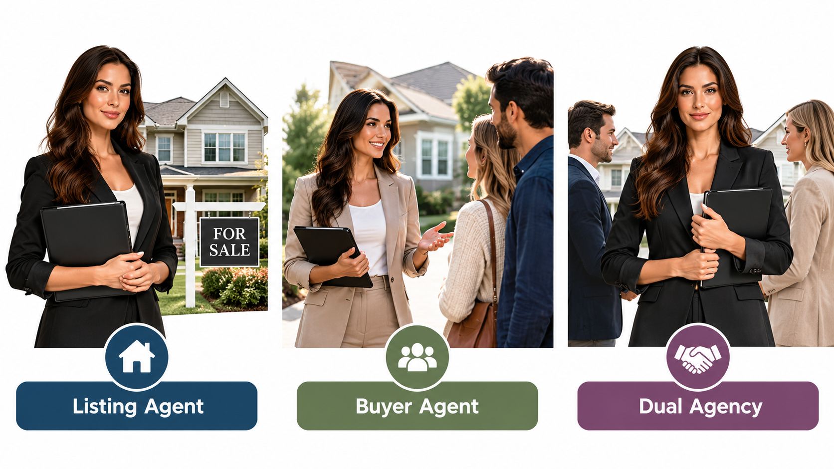 A real estate infographic showing three roles: listing agent, buyer agent, and dual agency for property transactions.